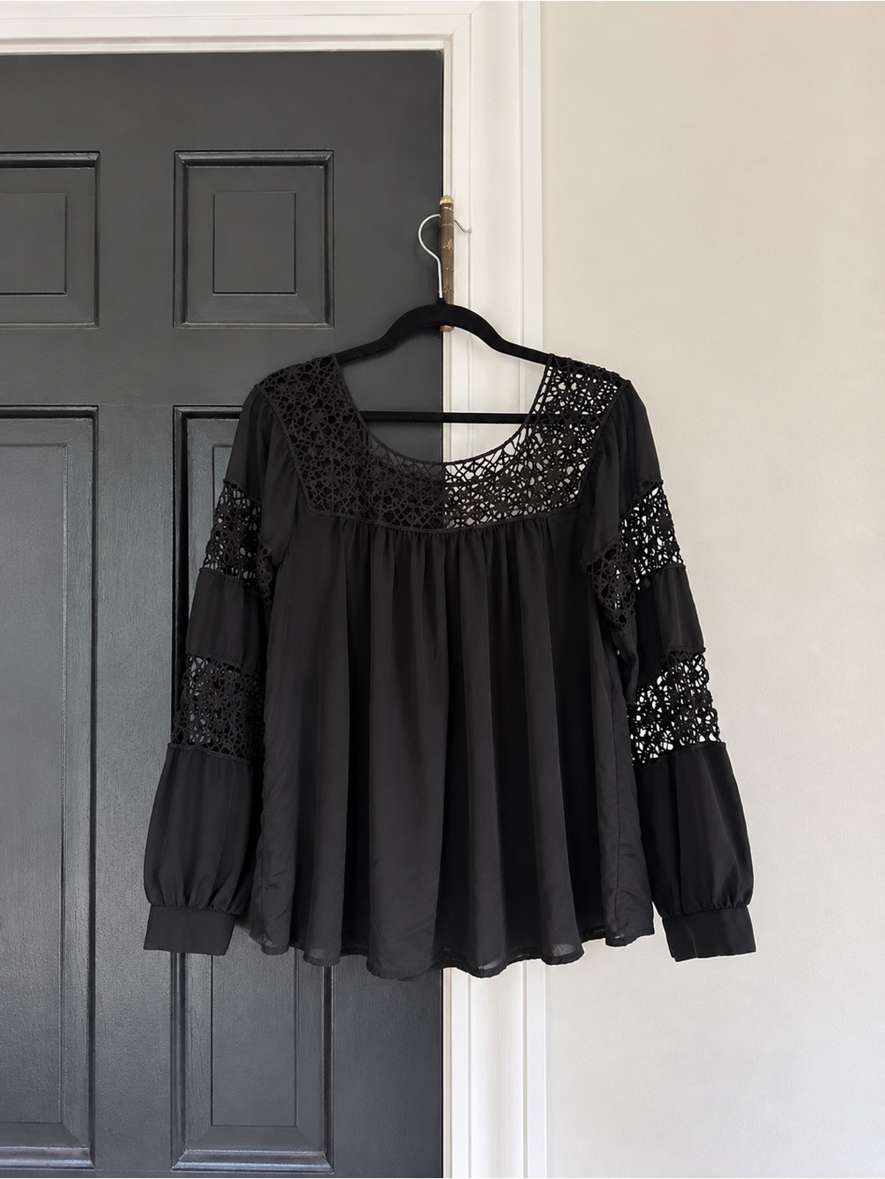 Ulla Johnson Black 100% Silk Crochet Lace Boho Blouse Size 4